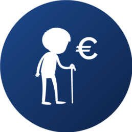 Blaues Icon mit weißem Eurozeichen und alter Person Emoji