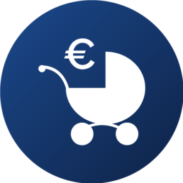 Blaues Icon mit weißem Kinderwagen und Eurozeichen Emoji
