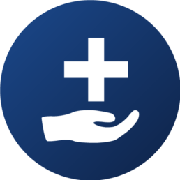 Blaues Icon mit weißem Kreuz und Hand Emoji