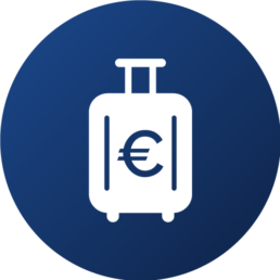 Blaues Icon mit weißem Reisekoffer und Eurozeichen Emoji